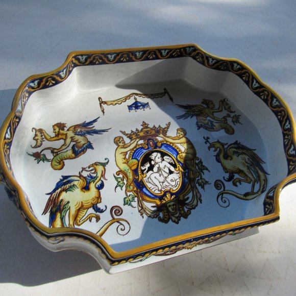 Antique French Faience MAJOLICA Serving Dish Mythical Creatures SIGNED - Picture 8 of 8